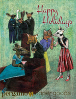 Illustrated card of animals at a holiday party, Happy Holidays. Animal holiday card, animal Christmas Card, Retro holiday cards, artistic holiday cards, illustrated holiday cards