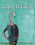 Retro flamingo illustration, flamingo holiday card, reads happy holidays