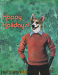 Collage illustration of a corgi dog in a sweater. Vintage lettering reads Happy Holidays!