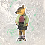 illustrated fox vinyl sticker, roller skate fox, roller skating animal, dressed up fox, baby fox sticker www.pergamopapergoods.com