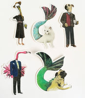 Animal Sticker Pack 5 Laptop Stickers, Vinyl Cat Decals, Dog Decal, Vintage Mermaids Animals etc for Animal Lovers, Squirrel Flamingo Fox
