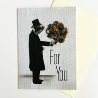 Dressed Up Pig Holding Flowers Greeting Card, Text reads "For You"