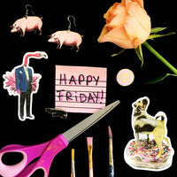 Pink flat lay. "Happy Friday" Donut Pug Sticker, Flamingo Man Sticker