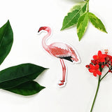 Flamingo antique illustration sticker, pink flamingo sticker, flamingo laptop sticker with flowers on white