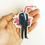 Flamingo vinyl sticker being held. Stickers for Animal Lovers. Colorful flamingo dressed up in a suit. Flamingo wearing clothes.