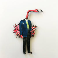 Laser cut magnet on white background. Flamingo man in retro suit. Handmade magnet www.pergamopapergoods.com