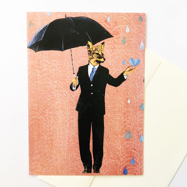 Fox greeting card. Illustrated fox wearing a suit, holding an umbrella. Pink background.