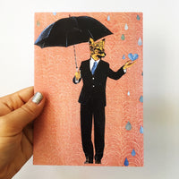 Mixed media fox illustration. Dressed up fox greeting card. Fox holding an umbrella. Mixed media Fox.