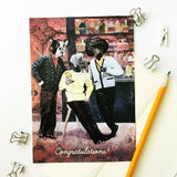 Lifestyle photo of greeting card with pencil. Vintage style illustration of dogs wearing clothes in a bar.