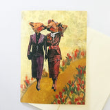Mixed media illustration of foxes kissing, lesbian art, lesbian card, lesbian wedding card