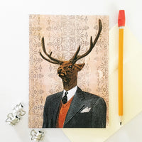 Anthropomorphic deer art, anthropomorphic deer greeting card. Quirky collage illustration.