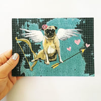 Holding a pug greeting card, Pug Valentines Day Card, Indie Card, Indie Artist, Dog Valentines Day Card