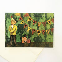 Cute fox birthday card, green background, text says happy birthday