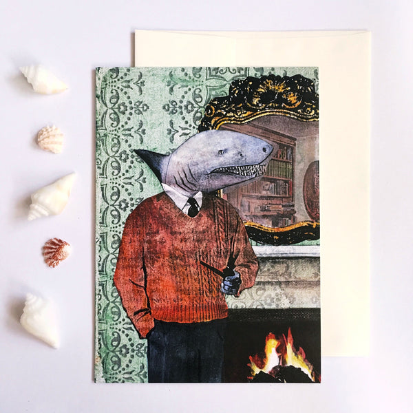 Shark Greeting Card - Illustrated Greeting Card of a Dressed Up Shark wearing Vintage clothes and smoking a pipe