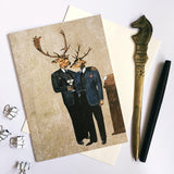 Gay greeting card. Vintage card, retro card. Animal art. Gay cards for animal lovers. Deer dressed as people. Vintage clothes