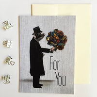 Dressed Up Pig Holding Flowers Greeting Card, Text reads "For You"