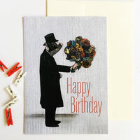 Dressed Up Pig Holding Flowers Greeting Card, Text reads Happy Birthday