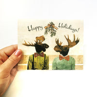 Gay holiday card, Moose holiday card, Illustrated animal holiday card, dressed up animals