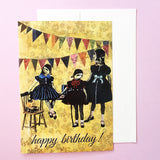 Dressed up animals at a party greeting card, yellow card, pink background