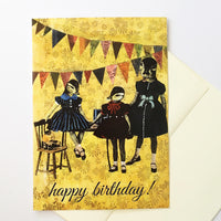 Three ducks at a party, vintage look, greeting card with envelope