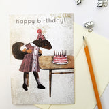 Lifestyle picture of a birthday card, squirrel girl and a cake Squirrel Birthday Card, Squirrel blowing out birthday cake -Vintage Inspired Mixed Media Art - Squirrel Happy Birthday Card by Pergamo Paper Goods