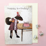 Squirrel Birthday Card, Squirrel blowing out birthday cake -Vintage Inspired Mixed Media Art - Squirrel Happy Birthday Card by Pergamo Paper Goods