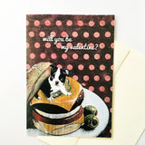 Greeting card with mixed media illustration of a boston terrier