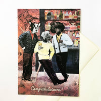 Illustrated Greeting Card. Dressed Up Dogs- Boston Terrier, Weimaraner, Poodle. Text Says "Congratulations" Dogs are wearing vintage . clothes. Dogs are collage, background is painted.