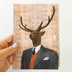 Cards for Men, Dressed Up Deer Illustrated Greeting Card. Collage Illustration. Collage Art of Deer wearing a suit.