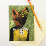 Vintage greeting card, cards for animal lovers, vintage fox card, dressed up fox with bow, green and yellow illustrated card