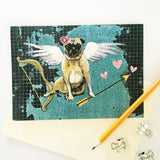 Pug Valentine, Love Pug, Illustrated pug card, Pug Art, Pug Illustration, Pug Cupid, Pug with Angel Wings