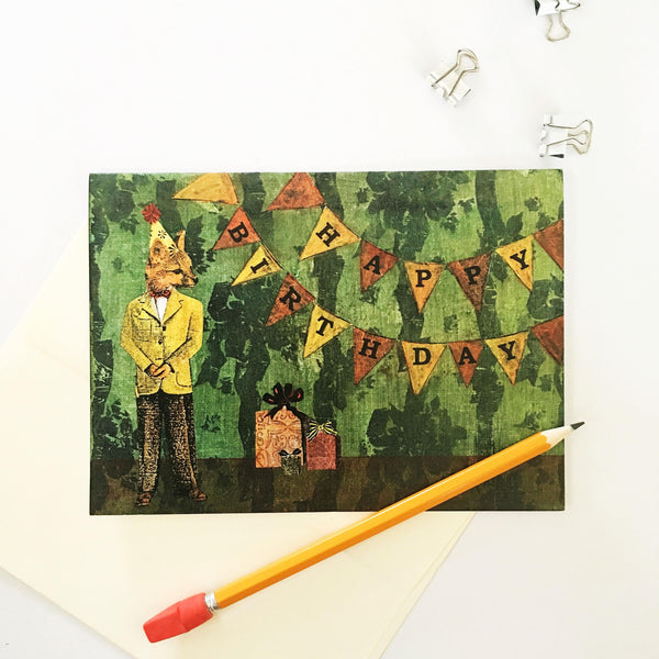Greeting card of a dressed up fox, pennant reads Happy Birthday