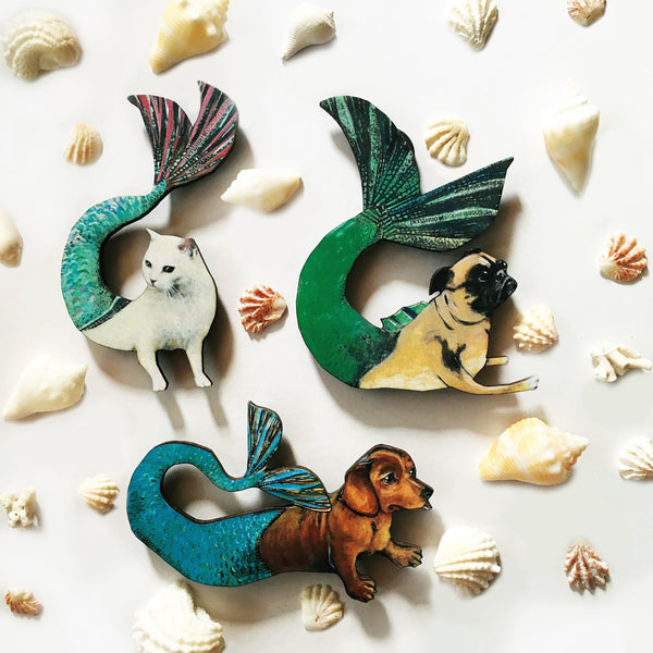 Mermaid Magnet Set - Pug + Dachshund + Cat Magnets, Back to School Locker, Illustrated Wood Magnet, Vintage Kitchen Gifts, Weird Gift Set