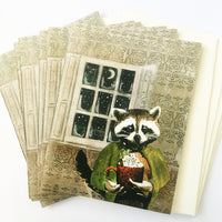 Raccoon card set, raccoon stationery, animal stationery, mixed media animal art, animal cards, dressed up animals, cards for animal lovers