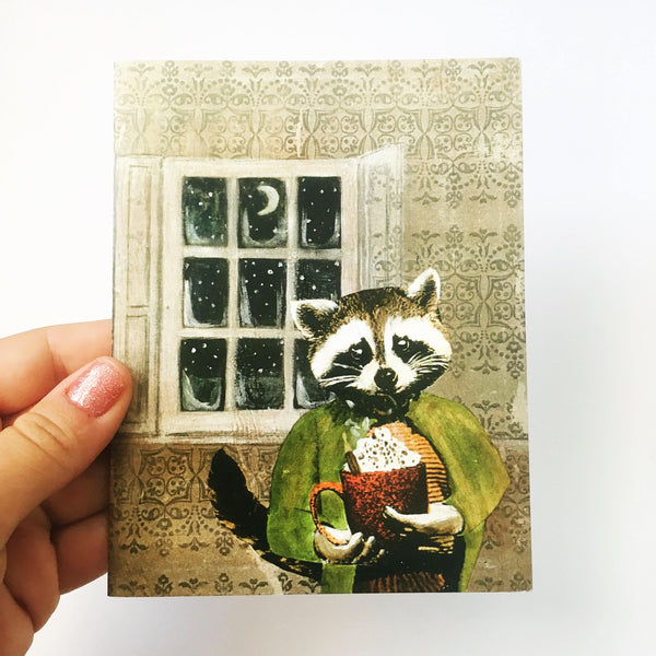 Raccoon holiday card, raccoon card, animal holiday cards, vintage holiday cards, handmade holiday cards, illustrated cards