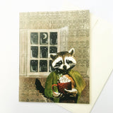 Hot cocoa drinking raccoon illustrated card, holiday cards for animal lovers, raccoon holiday cards