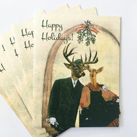 Retro card set, retro Christmas cards, Retro holiday cards, Deer wearing clothes, Animals wearing clothes