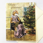 Illustrated Christmas Card of a dressed up fox next to a Christmas tree, fox illustration, holiday cards for animal lovers, animal holiday cards