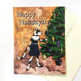 Cat Christmas Card with Envelope. Mixed Media Illustration of a Cat and Christmas Tree.