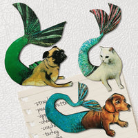 Mermaid Magnet Set - Pug + Dachshund + Cat Magnets, Back to School Locker, Illustrated Wood Magnet, Vintage Kitchen Gifts, Weird Gift Set