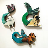 Mermaid Magnet Set - Pug + Dachshund + Cat Magnets, Back to School Locker, Illustrated Wood Magnet, Vintage Kitchen Gifts, Weird Gift Set