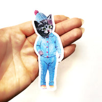 4" Vinyl Laptop Sticker. Dressed Up Kitten in Blue. Really cute cat sticker.