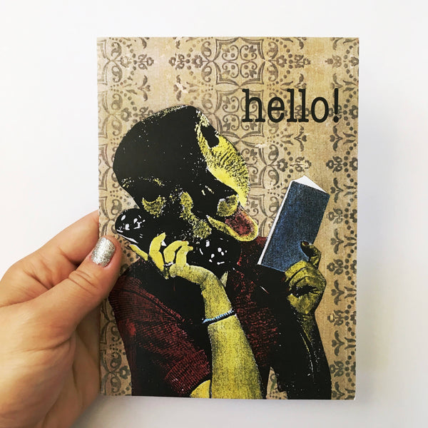 hand holding a retro illustrated card. illustration is duck on the phone. text reads, hello! Retro Greeting Cards for Animal Lovers - Illustrated Duck Hello Card by Pergamo Paper Goods