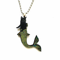 Black Cat Necklace, Mermaid Cat Jewelry, Spooky Halloween Necklace, Laser Cut Wood Dangle Earrings, Illustrated Retro Cat Wood Jewelry