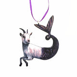 Capricorn Ornament, Mermaid Goat Christmas Decoration, Illustrated Zodiac Gift, Stocking Stuffer Weird Gifts, Wood Farm Holiday Decor by Pergamo Paper Goods www.pergamopapergoods.com