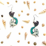 Mermaid Cat Earrings, Cat Jewelry, Weird Earrings, Kitsch Earrings, Stainless Steel Laser Cut Wood Dangle Earrings, Illustrated Retro Cat