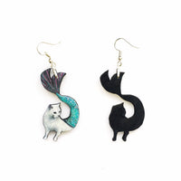 Mermaid Cat Earrings, Cat Jewelry, Weird Earrings, Kitsch Earrings, Stainless Steel Laser Cut Wood Dangle Earrings, Illustrated Retro Cat