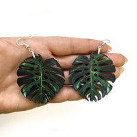 Monstera Earrings, Leaf Jewelry, Stainless Steel Dangle Earrings, Illustrated Botanical Art Gifts, Large Earring, Clip Ons, Plant Mom Gift