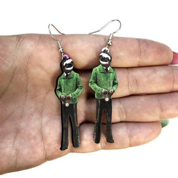 Sloth Earrings, Weird Earrings, Laser Cut Wood Sloth Jewelry, Surgical Steel Boston Quirky Funky Illustrated Dressed Up Animals, Animal Art