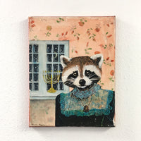 Raccoon Hanukkah Painting, Original Animal Gift, Collage Wall Art, Mixed Media Animal Art, Vintage Chanukah Painting, Weird Art on Canvas, Pergamo Paper Goods